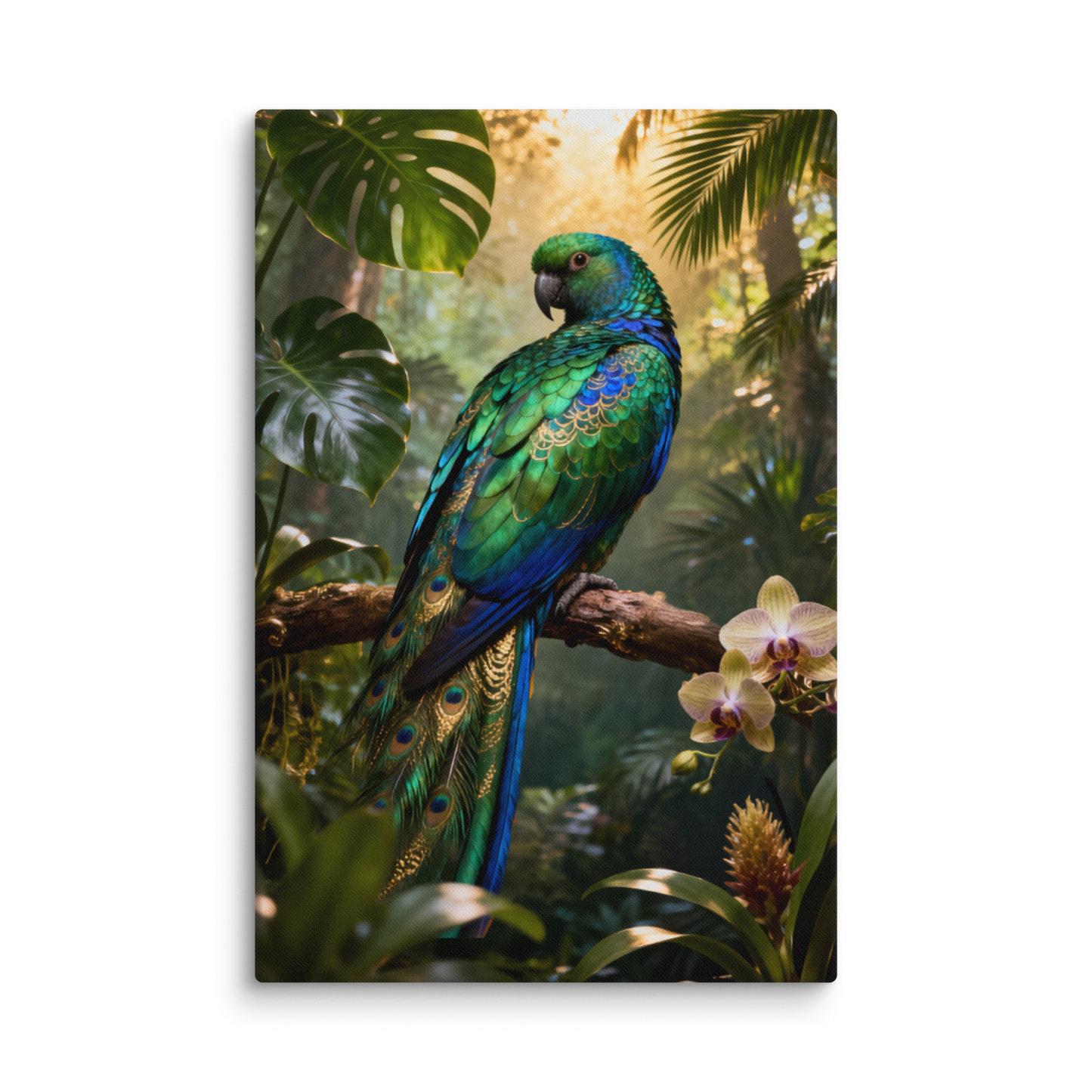 Leinwand Paradiesvogel 40x60 Zoll mit schillerndem blau-grünem Gefieder auf einem Ast im tropischen Regenwald, freigestellte Produktansicht mit transparentem Hintergrund.