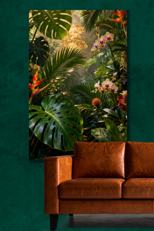 Leinwand mit tropischer Regenwaldlandschaft, exotischen Blüten und warmem Goldlicht über der Hälfte eines cognacfarbenen Ledersofas vor einer smaragdgrünen Wand.