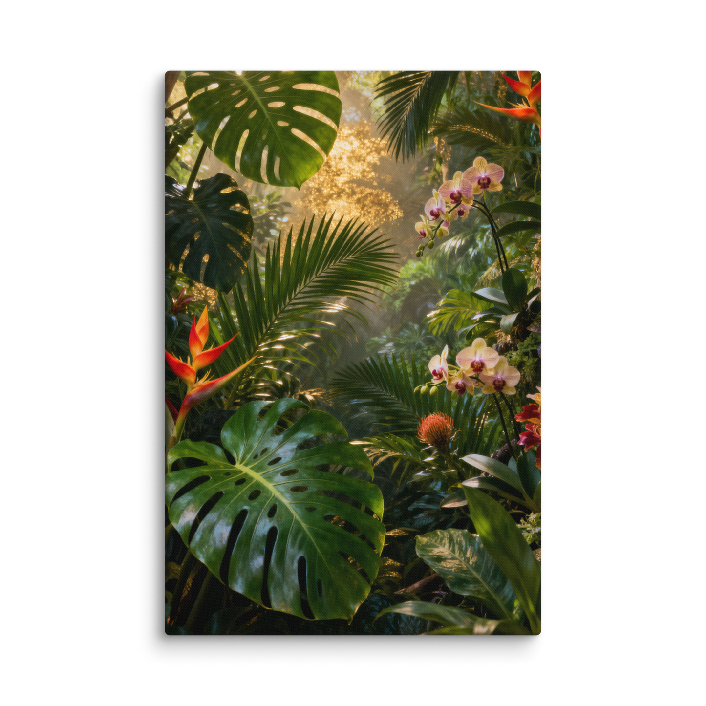 Leinwand mit tropischer Regenwaldlandschaft, exotischen Blüten, üppiger Vegetation und warmem Goldlicht in transparenter Produktansicht.