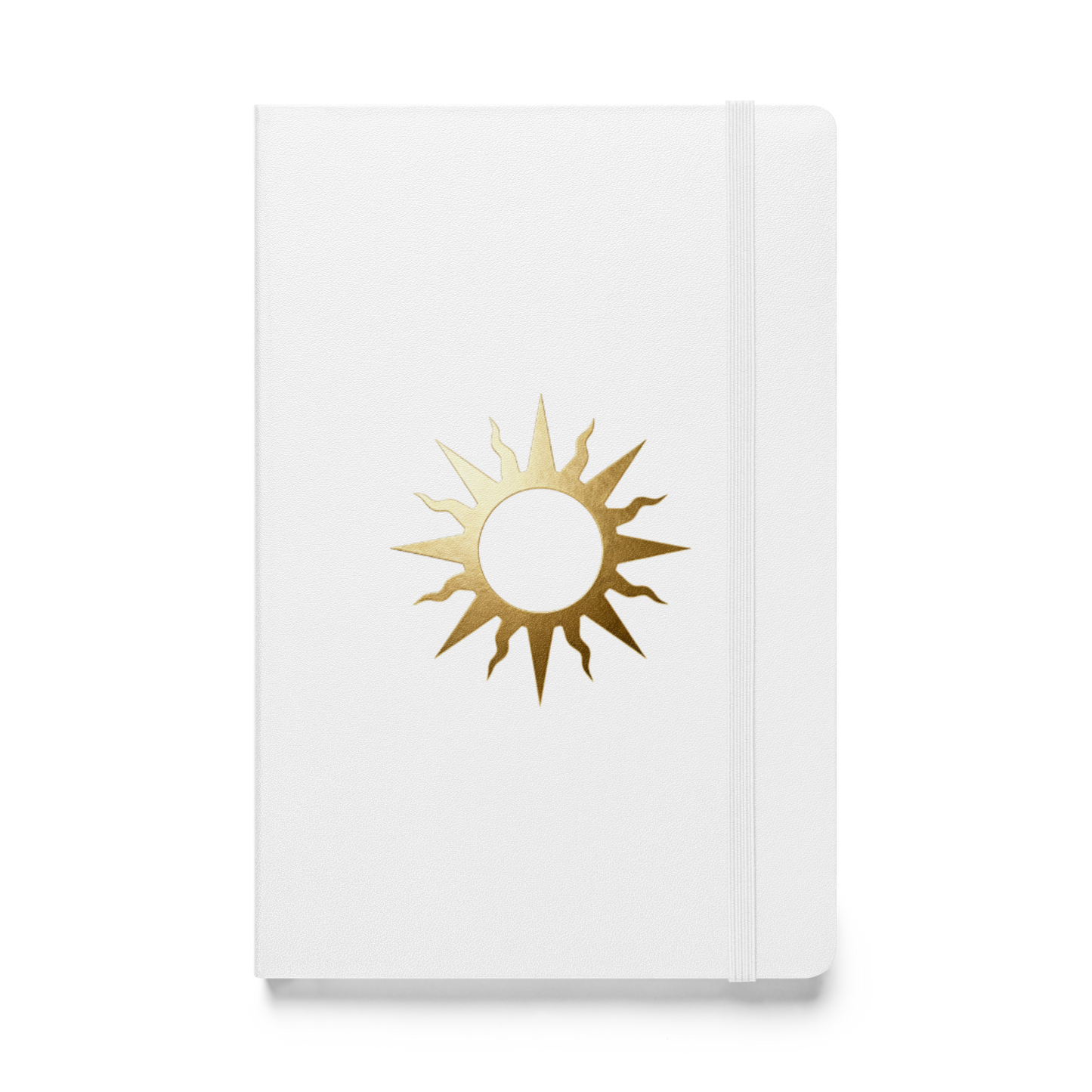 Spiralnotizbuch mit goldenem Sonnensymbol auf weißem Einband, Vorderseite als Produktmockup mit transparenter Darstellung.