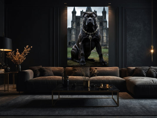 Dark Fantasy Cane Corso Wandkunst vor alter Festung als kraftvolle Wandkunst im Wohnzimmer
