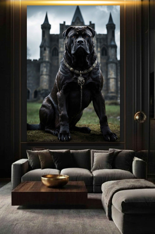 Cane Corso Poster vor alter Festung als kraftvolle Wandkunst im Wohnzimmer über einem Sofa