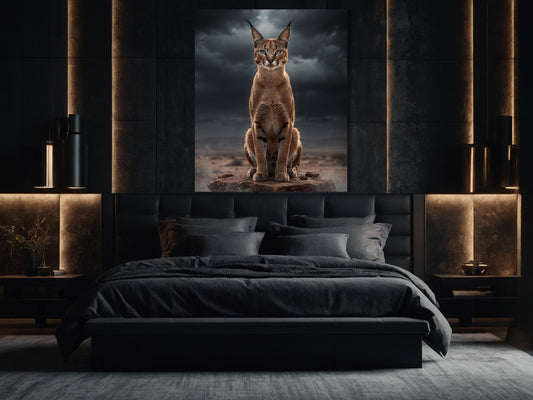 Caracal Dark Fantasy Wandkunst auf Leinwand im Format 32×48 Zoll über Bett im stilvollen Schlafzimmer