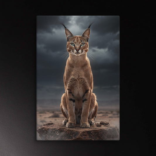Caracal auf Felsen unter dramatischem Himmel als großformatige Wandkunst auf Leinwand im Format 32×48 Zoll
