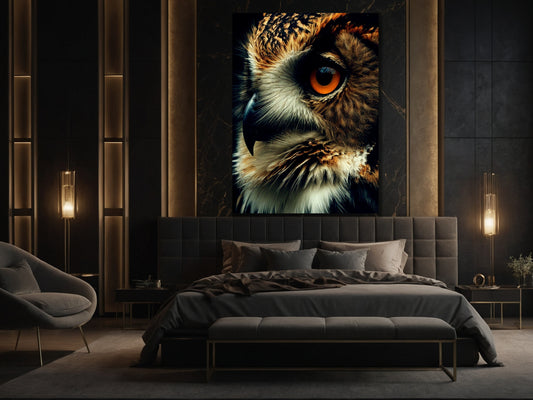 Dark Fantasy Eulenposter im Close-Up über dem Bett im Format 70x100 cm mit ruhiger und fokussierter Ausstrahlung