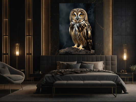 Dark Fantasy Eulenposter im Nebel mit ruhiger Komposition über dem Bett im Format 70x100 cm mit sanfter und atmosphärischer Wirkung