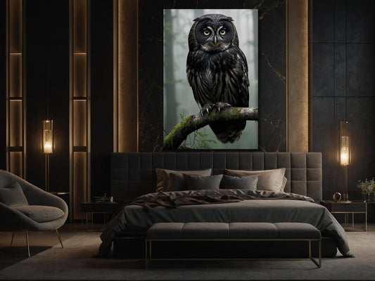 Dark Fantasy Eulenposter im Nebelwald mit klarer Bildführung über dem Bett im Format 70x100 cm mit stiller Atmosphäre