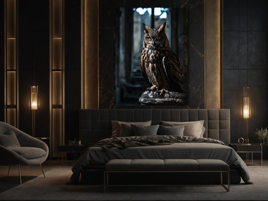 Dark Fantasy Eulenposter mit leuchtend blauen Augen im Steinbogen über dem Bett im Format 70x100 cm