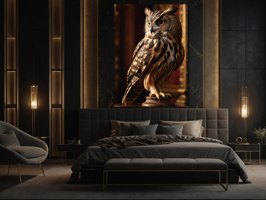 Dark Fantasy Eulenposter im warmen Interieur über dem Bett im Format 70x100 cm mit ruhiger und stilvoller Wirkung