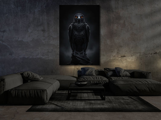 Dark Fantasy Falke Wandbild im modernen Wohnzimmer – schwarzer Greifvogel auf Stein mit dramatischer Lichtführung