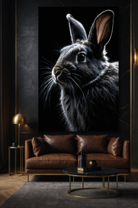 Dark Fantasy Hasenporträt mit grauem Hasen auf schwarzem Hintergrund als Leinwand im Format 40x60 Zoll über einem Sofa in einem eleganten Wohnzimmer mit warmem Licht