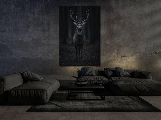 Dark Fantasy Hirsch Wandbild im modernen Wohnzimmer – 70x100 cm Poster im dunklen Interior