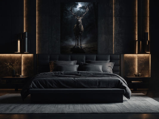 Mystisches Hirsch Wandbild im Schlafzimmer – Dark Fantasy Tierkunst auf Leinwand