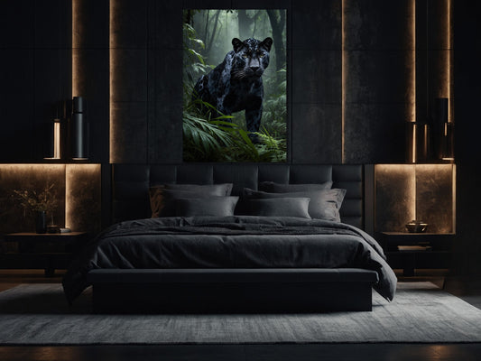 Dark Fantasy Jaguar im tropischen Nebelwald als großformatige Leinwandkunst über einem Bett im Schlafzimmer 32x48 zoll