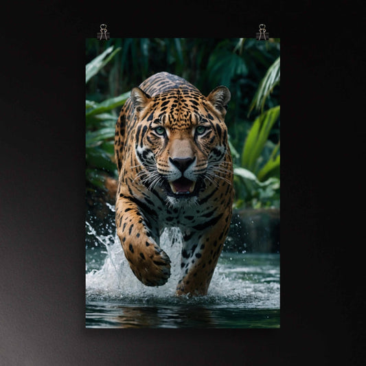 Dark Fantasy Jaguar läuft kraftvoll durch tropisches Wasser im dichten Dschungel, intensiver Blick, spritzendes Wasser, hochformatige Tierkunst