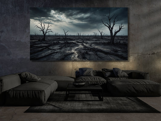 Düsteres Dark Fantasy Landschaftsbild mit dramatischem Himmel im modernen Wohnzimmer