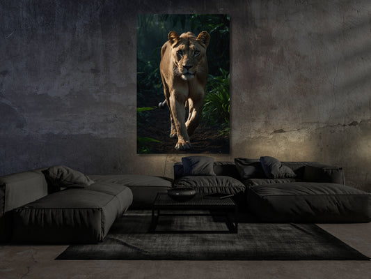 Großformatiges Dark Fantasy Löwin Wandbild über modernem Sofa im stilvollen Wohnzimmer