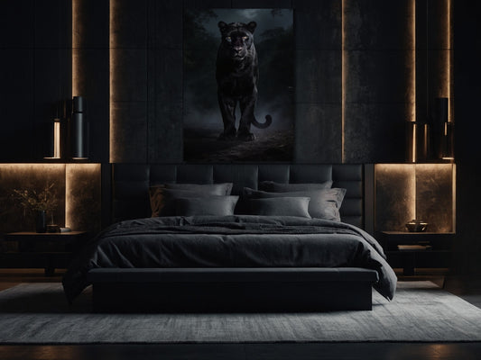 Großformatiges Panther Leinwandbild im Schlafzimmer – Dark Fantasy Tiermotiv mit schwarzem Panther