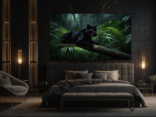 Dark Fantasy Panther im tropischen Dschungel als horizontales Poster über dem Bett im Format 100x70 cm mit ruhiger und atmosphärischer Wirkung