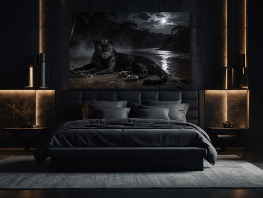 Dark Fantasy Panther Wandbild auf Leinwand über Bett im modernen Schlafzimmer mit dunklem Interior