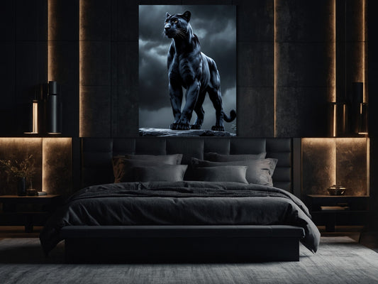 Dark Fantasy Panther Wandkunst als Leinwandbild über Bett in modernem Schlafzimmer
