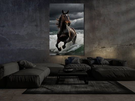 Dark Fantasy Pferd im Sturm über dem Meer als 70x100 cm Wandbild im modernen Wohnzimmer – dramatische Tierkunst mit Brandung und Gewitterhimmel
