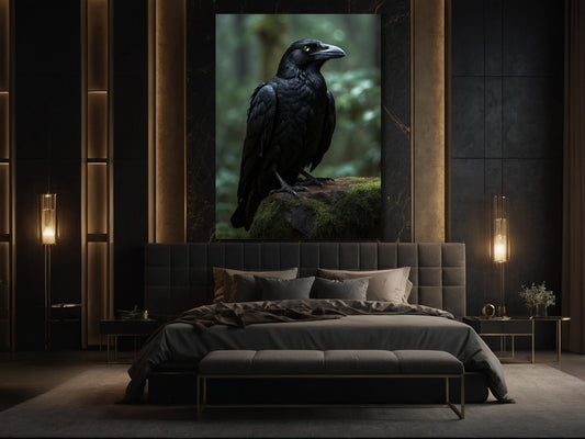 Dark Fantasy Raben Poster 70x100 cm über dem Bett – majestätischer schwarzer Rabe auf moosbedecktem Stein in nebliger Waldatmosphäre, präsentiert als große Tierkunst Wanddekoration im eleganten Schlafzimmer mit warmem Licht.