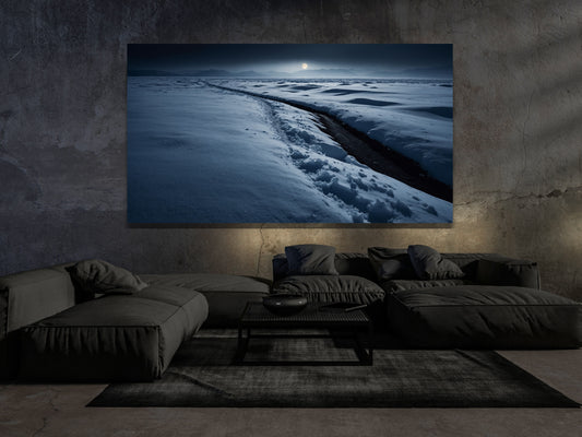 Minimalistische Schneelandschaft bei Nacht als ruhiges Dark Fantasy Wandbild im Wohnraum.