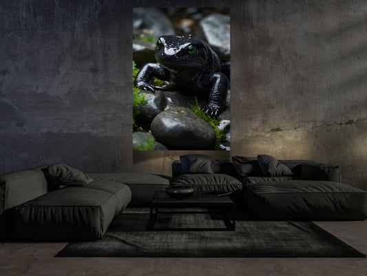 Schwarzer Frosch mit grünen Augen als Dark Fantasy Wandbild im modernen Wohnzimmer