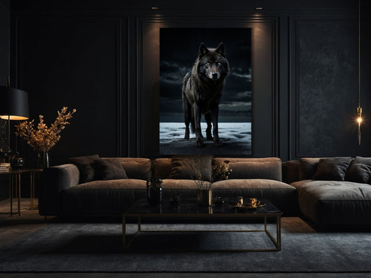 Schwarzer Wolf im Schnee als Dark Fantasy Poster Wandkunst im Wohnzimmer, 70x100 cm mit ruhiger und kraftvoller Ausstrahlung