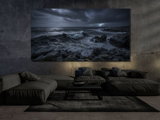 Dramatisches Dark Fantasy Meeresbild im modernen Wohnzimmer mit dunkler Atmosphäre