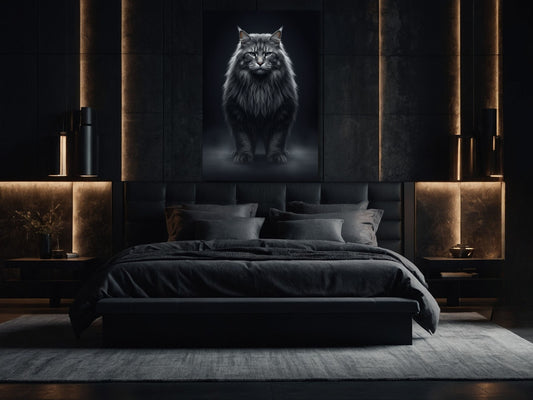 Dark Fantasy Waldkatze als großformatige Leinwand Wandkunst über Bett in ruhigem Schlafzimmer mit dunklem Interior und atmosphärischer Beleuchtung