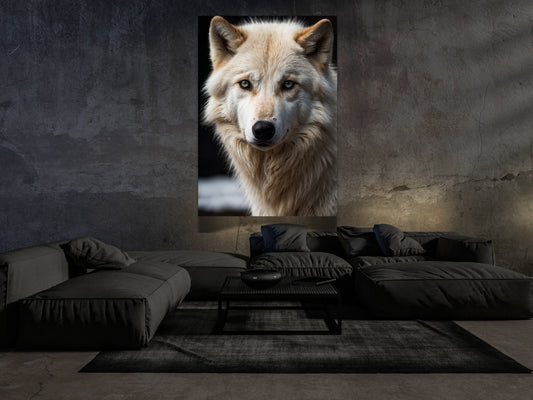 Großformatiger weißer Wolf als Dark Fantasy Wandbild über modernem Sofa in reduziertem Wohnraum