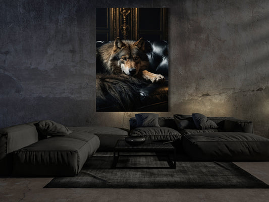 Großformatiges Dark Fantasy Wolf Poster im dunklen Wohnzimmer mit eleganter Interior Atmosphäre
