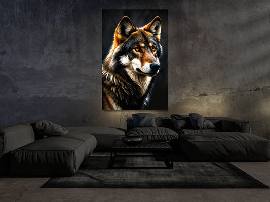 Wolf Profil Dark Fantasy Wandbild im modernen Wohnzimmer mit dunkler Atmosphäre