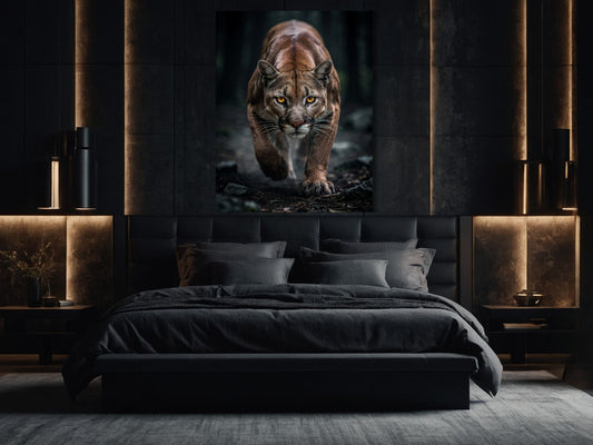 Dunkler Puma im Wald als Dark Fantasy Wandkunst Leinwand 32x48 über dem Bett im Schlafzimmer