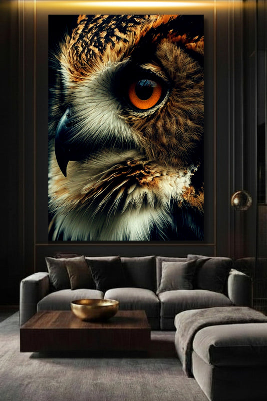 Close-Up Eule mit dramatischer Lichtführung als Poster Wandkunst im Wohnzimmer über einem Sofa mit kraftvoller Präsenz