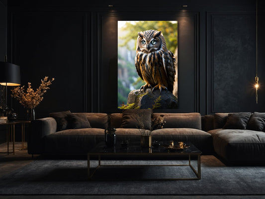 Dark Fantasy Eule Wandkunst im stillen Wald im modernen Wohnzimmer – großformatige Wandkunst mit intensiven Eulenaugen und ruhiger Präsenz