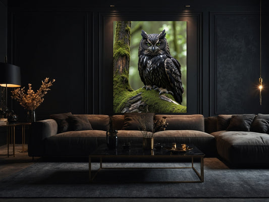 Eule auf moosigem Baumstamm als atmosphärische Dark Fantasy Wandkunst im modernen Wohnzimmer