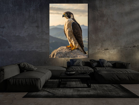 Großformatiges Falkenposter im Dark Fantasy Stil über modernem Sofa in minimalistischem Wohnraum.