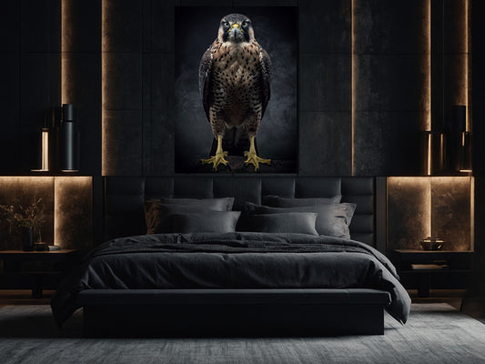 Falke im Nebel Dark Fantasy Wandkunst Leinwand 32x48 über einem Bett in modernem Schlafzimmer