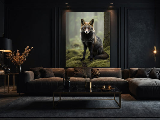 Dark Fantasy Fuchs Wandbild als Poster 70×100 cm im Wohnzimmer – mystische Tierkunst im moosigen Wald