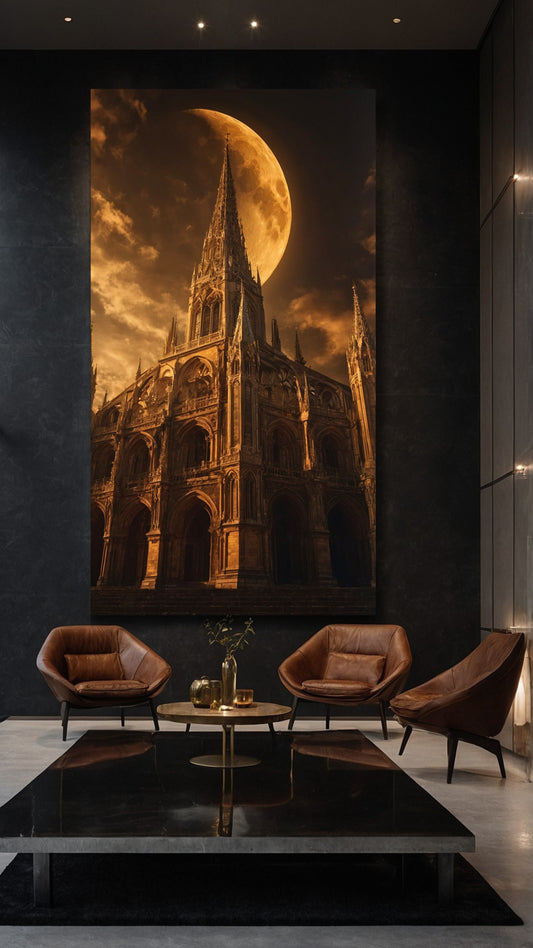 Dark Fantasy Kathedrale unter goldenem Mond als Wandkunst Leinwand im Format 40x60 Zoll in moderner Galerie Einrichtung