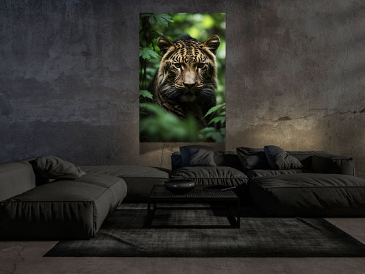 Großkatze im dichten Grün als Dark Fantasy Wandbild im modernen Wohnraum