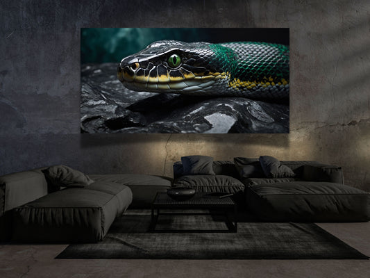 Grüne Schlange auf schwarzem Marmor als Dark Fantasy Poster im modernen Wohnraum Mockup mit reduzierter Ästhetik