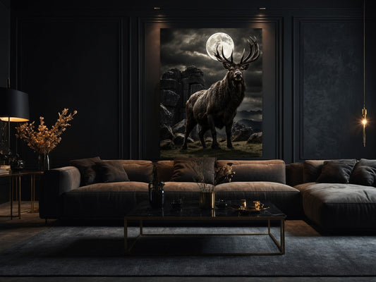 Dark Fantasy Hirsch Wandkunst im Wohnzimmer mit großem Hirsch vor Felsenlandschaft unter Vollmond