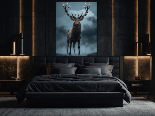 Dark Fantasy Hirsch Wandkunst im Nebel als ruhiges Leinwandbild über dem Bett im Schlafzimmer