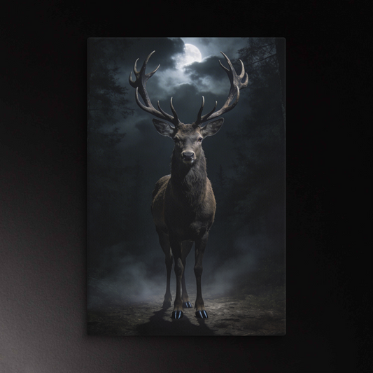 Hirsch Wandbild im Mondlicht – mystische Tierkunst als großformatige Leinwand im dunklen Wald
