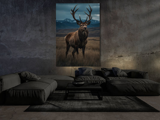 Großformatiges Hirschposter im Dark Fantasy Stil über modernem Sofa in minimalistischem Wohnraum.