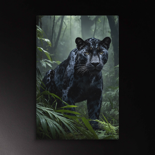 Jaguar im nebeligen Dschungel – monumentales Tierportrait mit tropischer Vegetation für Leinwanddruck